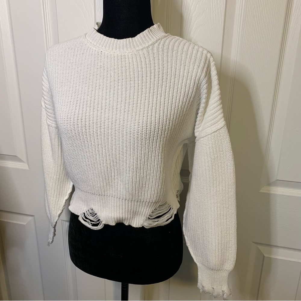 Forever21 White Distressed Knit Sweater - Picture 2 of 5